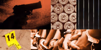 An illustration depicting various elements, from top left, including: a hand holding a gun, the backs of 9mm bullets, prison cell bars, a yellow crime scene marker with the number "14" in front of a bullet on the concrete circled in white chalk, and a row of hands in chained handcuffs