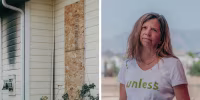 A split composite of fire damage in a home and Daryl McCool.