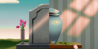 Illustration of a gravestone and an urn