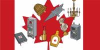 This is an illustrative graphic showing new tariffs on Canadian goods, overlaid on a flag of Canada.