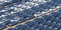 Aerial view of new BYD electric cars.