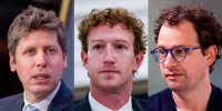A split composite of Sam Altman, Dario Amodei and Mark Zuckerberg.
