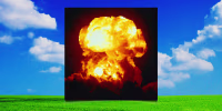 Photo illustration of green grass and bright blue sky with an inset of a mushroom cloud, in shades of orange and red.