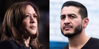 A split composite image of Kamala Harris, left, and Abdul El-Sayed