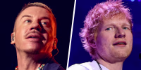 A two-part composite photo of Macklemore and Ed Sheeran.