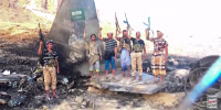 Houthi fighters stand in front of what they say is a downed Saudi jet, at a location given as Yemen