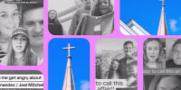 An illustration of screenshots depicting the TikTok discourse of Vicky Hernandez and Joel Mitchell, and a church steeple with a cross.