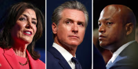 Photos of New York Gov. Kathy Hocul, California Gov. Gavin Newsom and Maryland Gov. Wes Moore.