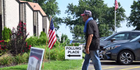 A voter arrives at a polling place on primary election day on Aug. 4, 2026, in St. Louis. 