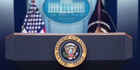 The podium in the White House press briefing room.