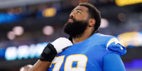 INGLEWOOD, CALIFORNIA - AUGUST 20: Trey Pipkins #79 of the Los Angeles Chargers stands on the sidelines prior to a preseason NFL football game against the San Francisco 49ers at SoFi Stadium on August 20, 2026 in Inglewood, California. (Photo by Brooke Sutton/Getty Images)