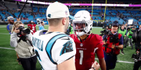 CHARLOTTE, NORTH CAROLINA - OCTOBER 02: Kyler Murray #1 of the Arizona Cardinals and Baker Mayfield #6 of the Carolina Panthers at Bank of America Stadium on October 02, 2022 in Charlotte, North Carolina. (Photo by Jared C. Tilton/Getty Images)