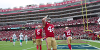 SANTA CLARA, CALIFORNIA - SEPTEMBER 20: Kyle Juszczyk #44 of the San Francisco 49ers celebrates after his receiving touchdown against the Miami Dolphins in the third quarter of a game at Levi's Stadium on September 20, 2026 in Santa Clara, California. (Photo by Ezra Shaw/Getty Images)
