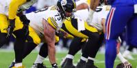 ORCHARD PARK, NEW YORK - AUGUST 27: Gennings Dunker #73 of the Pittsburgh Steelers sets in his stance on the offensive line during the first quarter of a preseason game against the Buffalo Bills at Highmark Stadium on August 27, 2026 in Orchard Park, New York. (Photo by Bryan Bennett/Getty Images)