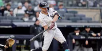 NEW YORK, NEW YORK - APRIL 05: Giancarlo Stanton #27 of the New York Yankees in action against the Miami Marlins at Yankee Stadium on April 05, 2026 in New York City. The Marlins defeated the Yankees 7-6. (Photo by Jim McIsaac/Getty Images)