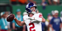 Aug 28, 2026; East Rutherford, New Jersey, USA; New York Giants quarterback Jake Haener (2) drops back to pass during the second half against the New York Jets at MetLife Stadium. Mandatory Credit: Vincent Carchietta-Imagn Images