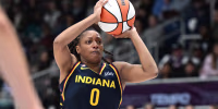Sep 18, 2026; Toronto, Ontario, CAN; Indiana Fever guard Kelsey Mitchell (0) shoots the ball against the Toronto Tempo in the first half at Coca-Cola Coliseum. Mandatory Credit: Dan Hamilton-Imagn Images