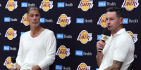 Sep 24, 2026; Los Angeles, CA, USA; Los Angeles Lakers president of basketball operations and general manager Rob Pelinka (left) and head coach JJ Redick speak to the media during a press conference at UCLA Health Training Center. Mandatory Credit: Kiyoshi Mio-Imagn Images