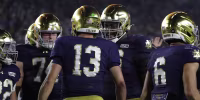 Sep 19, 2026; South Bend, Indiana, USA; Notre Dame Fighting Irish offensive line Will Black (74) and offensive line Guerby Lambert (76) celebrate with quarterback CJ Carr (13) after a touchdown against the Michigan State Spartans during the second half at Notre Dame Stadium. Mandatory Credit: Michael Caterina-Imagn Images