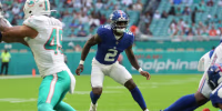 MIAMI GARDENS, FL - AUGUST 22: New York Giants defensive back Deonte Banks (2) defends the run during the preseason NFL game between the New York Giants and the Miami Dolphins on Saturday, August 22, 2026 at Hard Rock Stadium in Miami, FL (Photo by Peter Joneleit/Icon Sportswire via Getty Images)