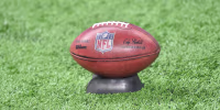 DETROIT, MI - AUGUST 27: The NFL kickoff ball sits on a tee prior to the Detroit Lions vs Indianapolis Colts preseason game on Friday August 27, 2021 at Ford Field in Detroit, MI. (Photo by Steven King/Icon Sportswire via Getty Images)
