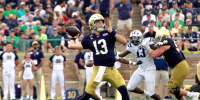 SOUTH BEND, INDIANA - SEPTEMBER 12: CJ Carr #13 of the Notre Dame Fighting Irish throws a pass during the second quarter against the Rice Owls at Notre Dame Stadium on September 12, 2026 in South Bend, Indiana. (Photo by Justin Casterline/Getty Images)
