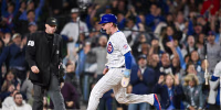 Sep 22, 2026; Chicago, Illinois, USA; Chicago Cubs center fielder Pete Crow-Armstrong (4) runs into home plate to score against the Miami Marlins during the sixth inning at Wrigley Field. Mandatory Credit: Patrick Gorski-Imagn Images