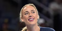 Aug 23, 2026; Chicago, Illinois, USA; Indiana Fever guard Sophie Cunningham (8) reacts while warming up prior to a game against the Chicago Sky at Wintrust Arena. Mandatory Credit: Patrick Gorski-Imagn Images