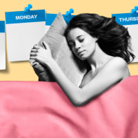 Illustration of woman sleeping with a weekly calendar as her background