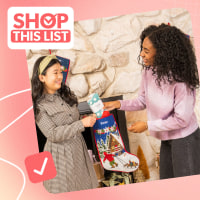 Two different photos of stuffing stockings