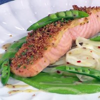 Curtis Stone's Chive-Crusted Salmon with Peas, Pickled Fennel and Crispy Quinoa