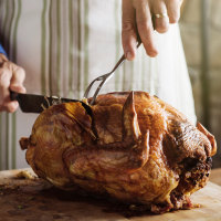 Man carving fresh roasted turkey at home