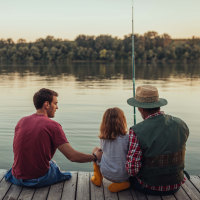 Grandfather, father and little boy is fishing at the river