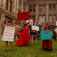 Demonstrators outside the Texas State Capitol during a Women's March in Austin, Texas