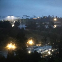 Dodgers Stadium continues to glow above Elysian Park during Hurricane Hilary on on August 20, 2023 in Los Angeles, CA.