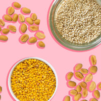 Illustration of grains and peanuts on pink background