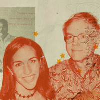 Image of autor and dad overlaid by his writing 