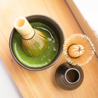 Organic Matcha in Black Bowl with Traditional Whisk