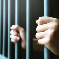 Hands hold jail bars stock image.