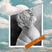 collage of illustration of pregnant woman on top of cloud background 