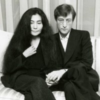 split image of John Lennon and Yoko Ono with a photo of their apt