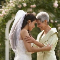 Bride and mother touching foreheads