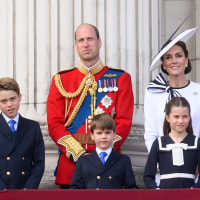 Prince George of Wales, Prince William, Prince of Wales, Prince Louis of Wales, Princess Charlotte of Wales and Catherine, Princess of Wales on the balcony of Buckingham Palace during Trooping the Colour on June 15, 2024 in London, England.