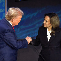 Image: donald trump kamala harris politics political politicians handshake