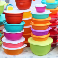 Tupperware stands at a market stall in Berlin.