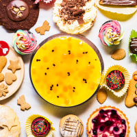 The table top view of desserts.