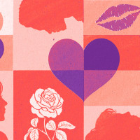 Hearts, side profiles of men and women, and a rose on a orange checkered background