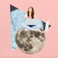 collage of woman on moon with horoscope map in background