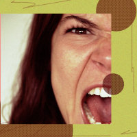 Centered are two images; on the left, a photo of a dog barking; on the right, a zoomed-in photo of a woman screaming. These images are bordered by a yellow background, with dark brown circles and scribbles around them.