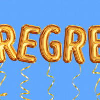 Photo illustration of gold balloons that read "Regret" 